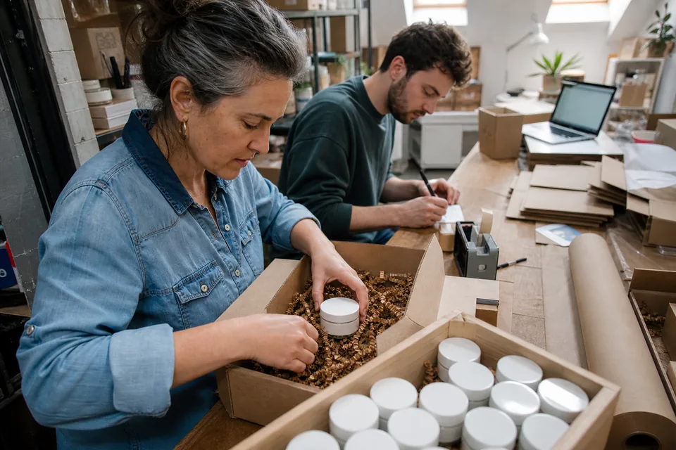 Two people at a small brand packing product samples into shipping boxes for creators, one writing a note by hand