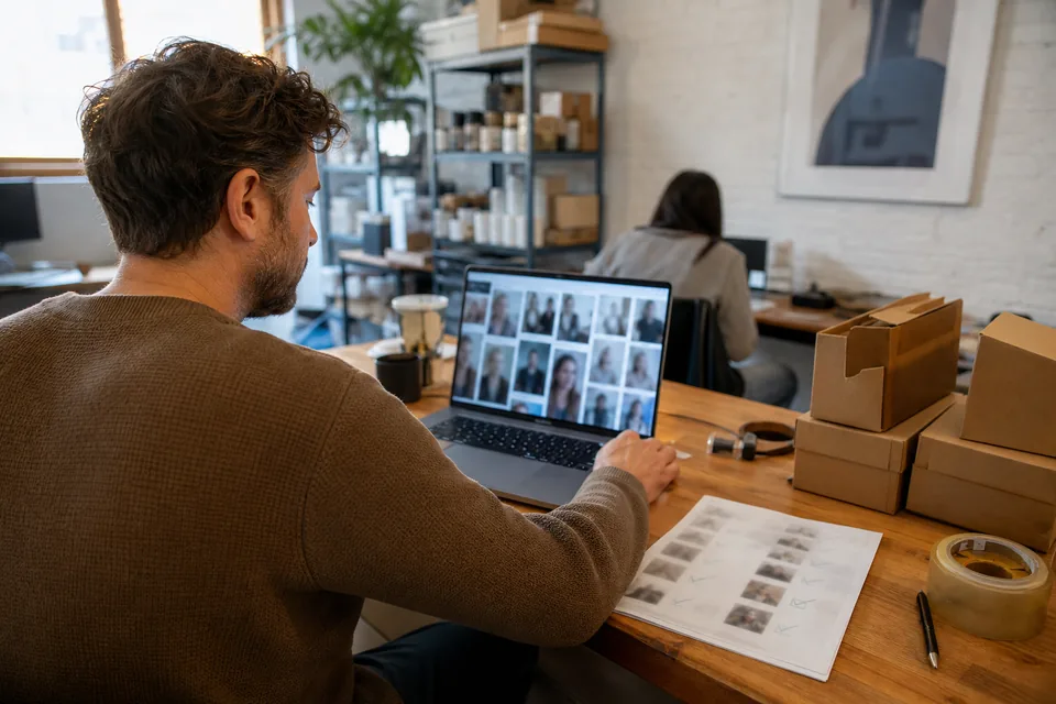 Marketing manager at a small US brand comparing creator applications on a laptop beside a stack of product sample boxes