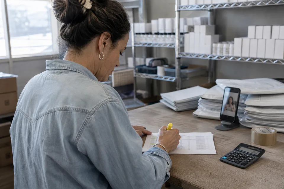 Finance lead at a small brand marking up a printed campaign budget sheet with a highlighter in the back office, shelves of plain product boxes behind her and a phone on a stand playing a vertical creator video