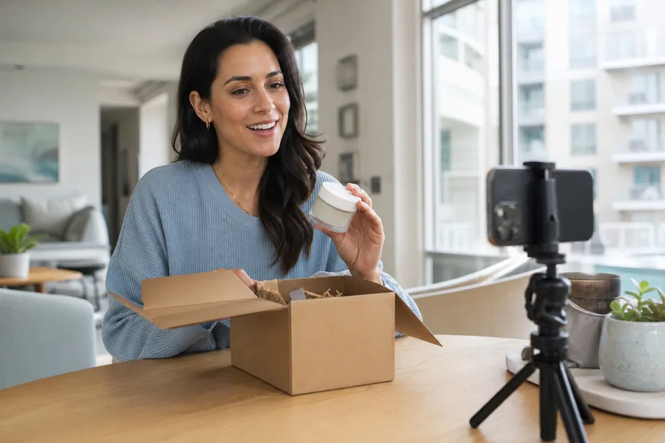 Adult creator filming a product unboxing on a smartphone by a bright window
