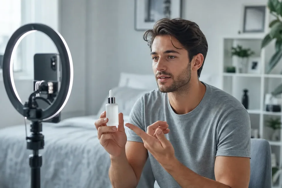 Adult creator filming a product unboxing on a smartphone by a bright window