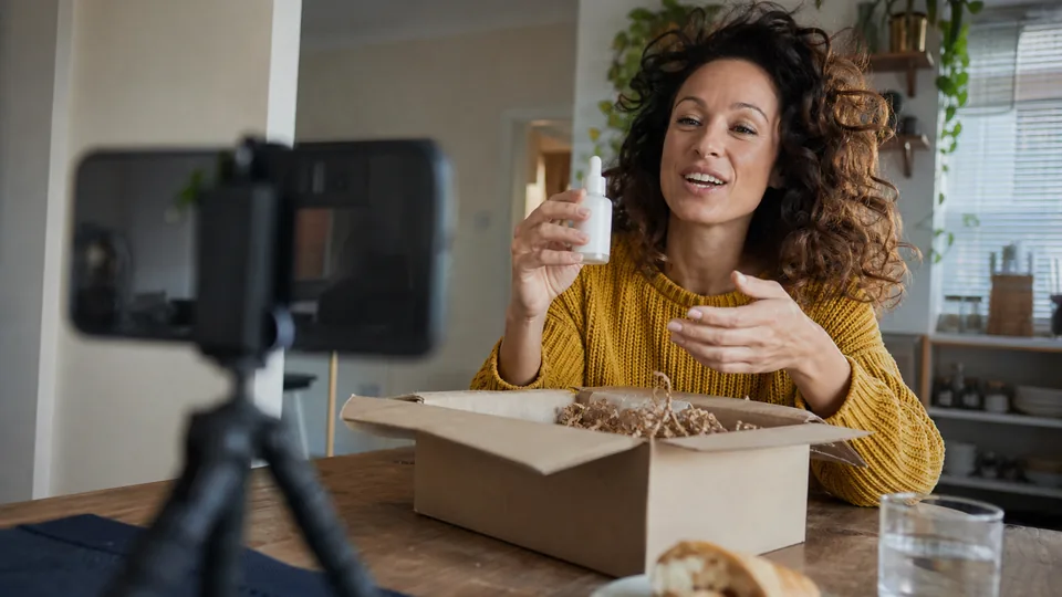 Adult creator mid-sentence filming a skincare review on a phone, holding the product up to the lens, with the opened shipping box in front of her