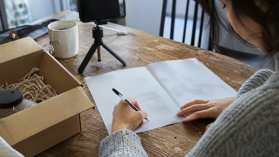 Adult creator mid-sentence filming a skincare review on a phone, holding the product up to the lens, with the opened shipping box in front of her