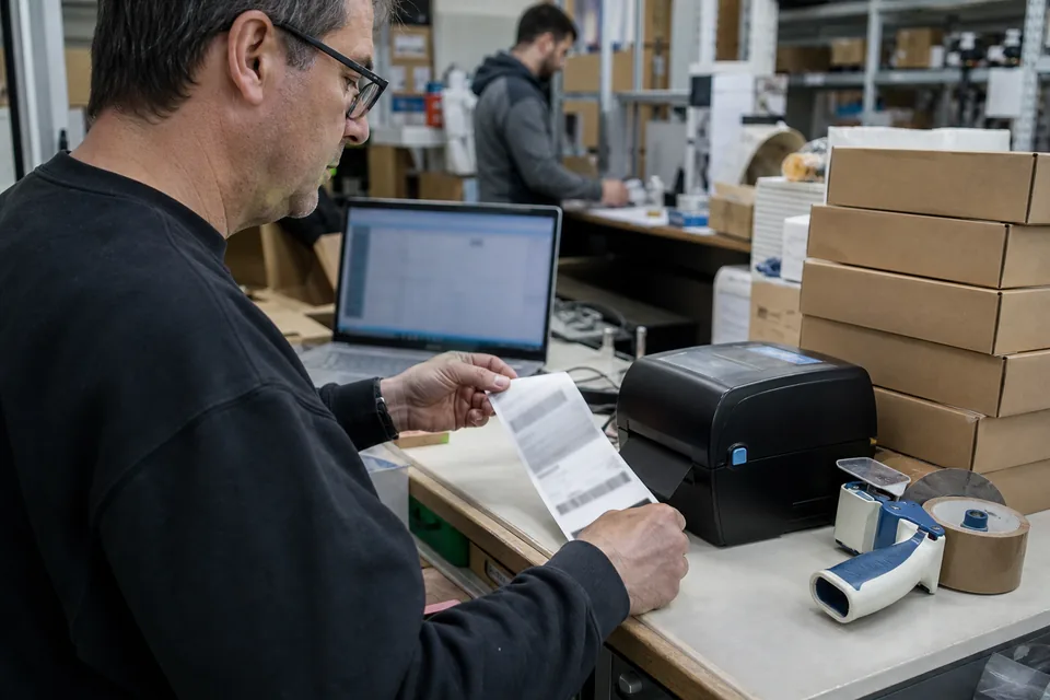 Brand team member printing shipping labels for creator parcels at a packing station