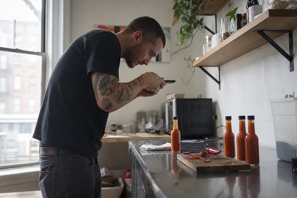 Brand founder photographing a product on his kitchen counter with a phone to attach to a campaign brief