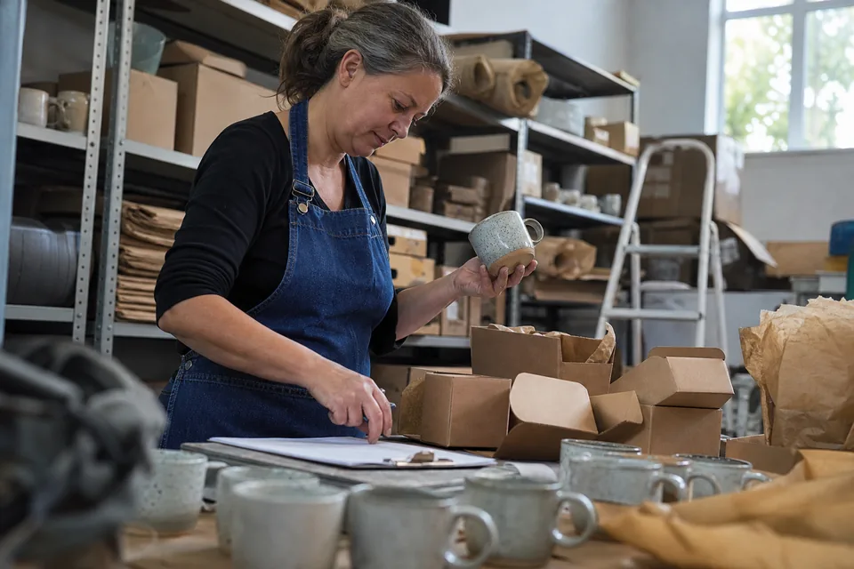 Small brand owner counting product samples into boxes with a clipboard ledger in the stockroom