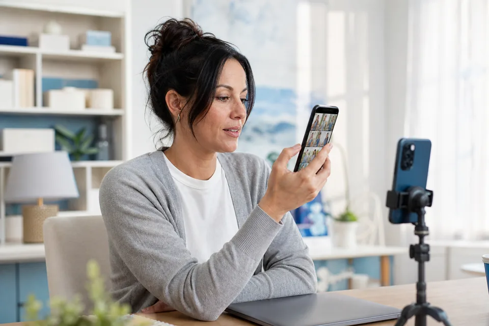 Adult creator reviewing her short video portfolio on a phone at a desk with a tripod beside her