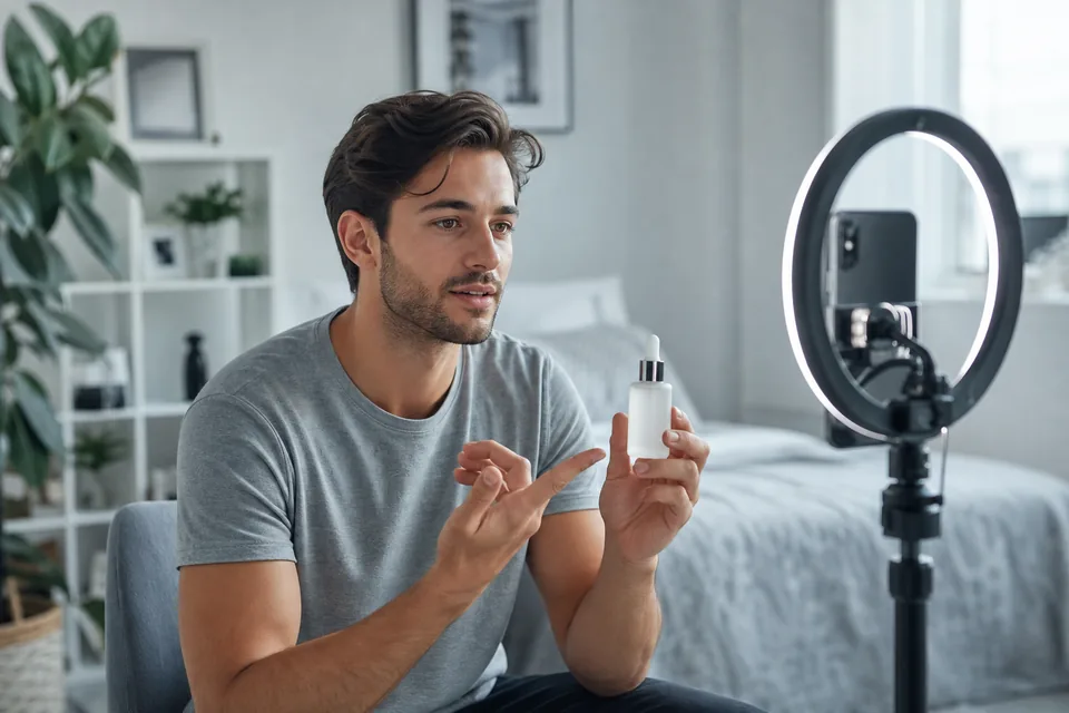 Adult creator recording a skincare review with a ring light in a home studio